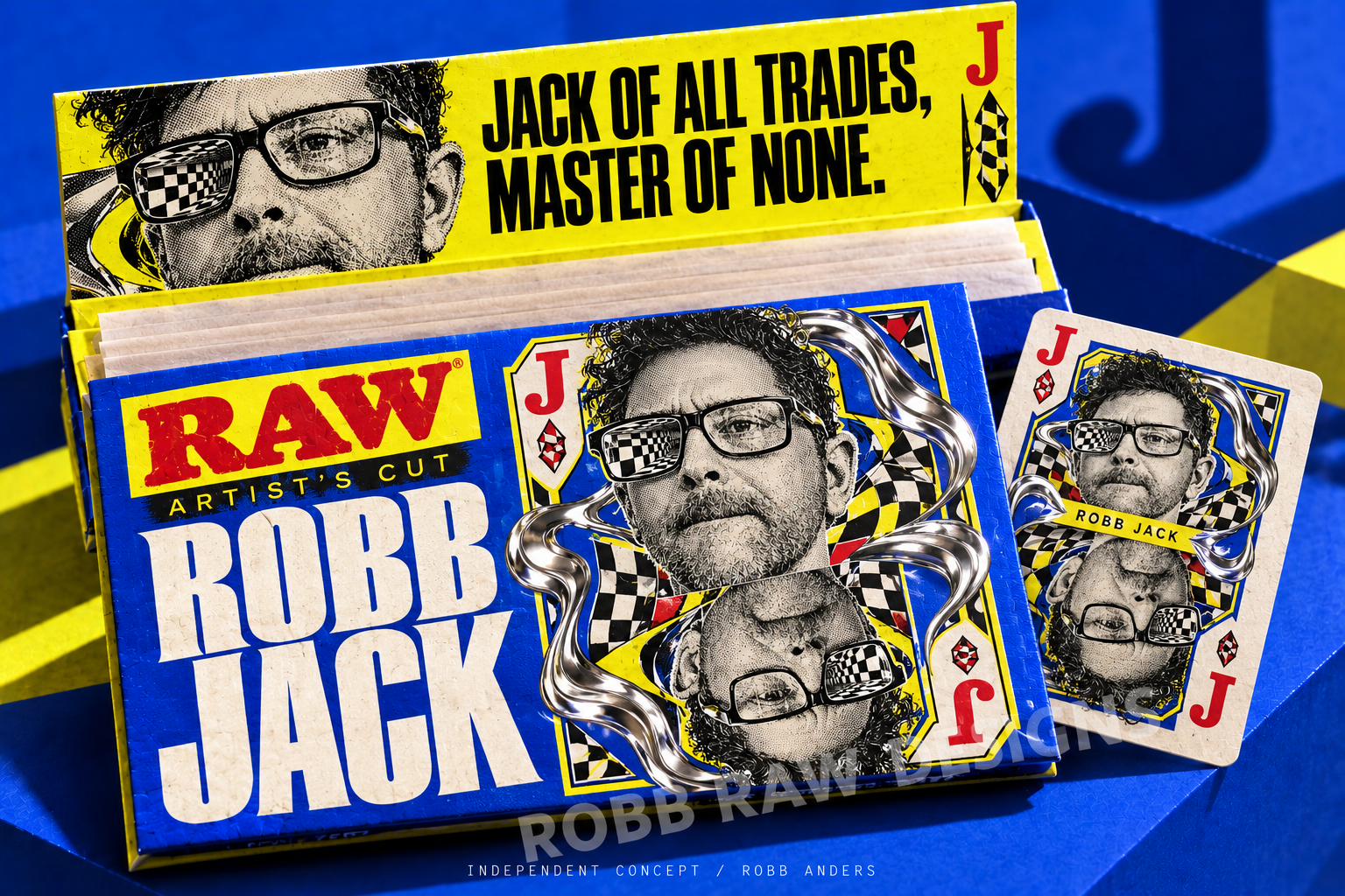 RAW Artist's Cut ROBB JACK concept pack by Robb Anders — halftone self-portrait as a jack playing card on cobalt and acid yellow, 'Jack of all trades, master of none'