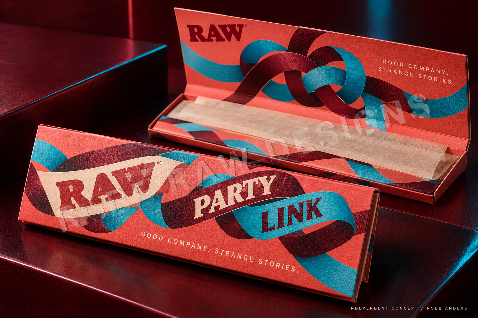 PARTY LINK packaging concept — Interlocking typographic ribbons