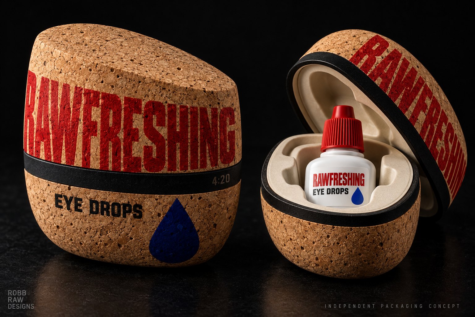 RAWFRESHING Brutalist Cork eye drop packaging concept, cork pod format, by Robb Anders