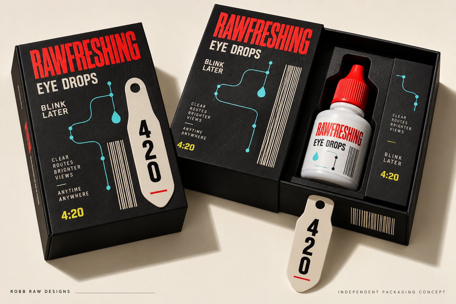 RAWFRESHING Blink Later eye drop packaging concept, hotel key format, by Robb Anders