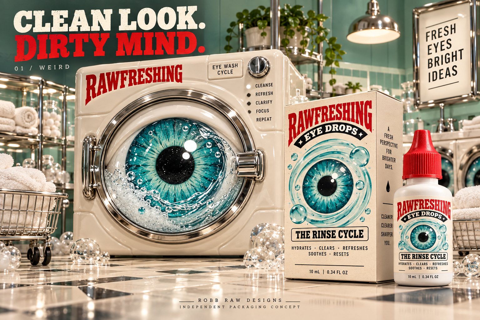 RAWFRESHING The Rinse Cycle eye drop packaging concept, laundromat format, by Robb Anders