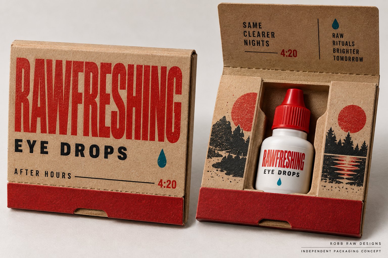 RAWFRESHING After Hours eye drop packaging concept, matchbook format, by Robb Anders