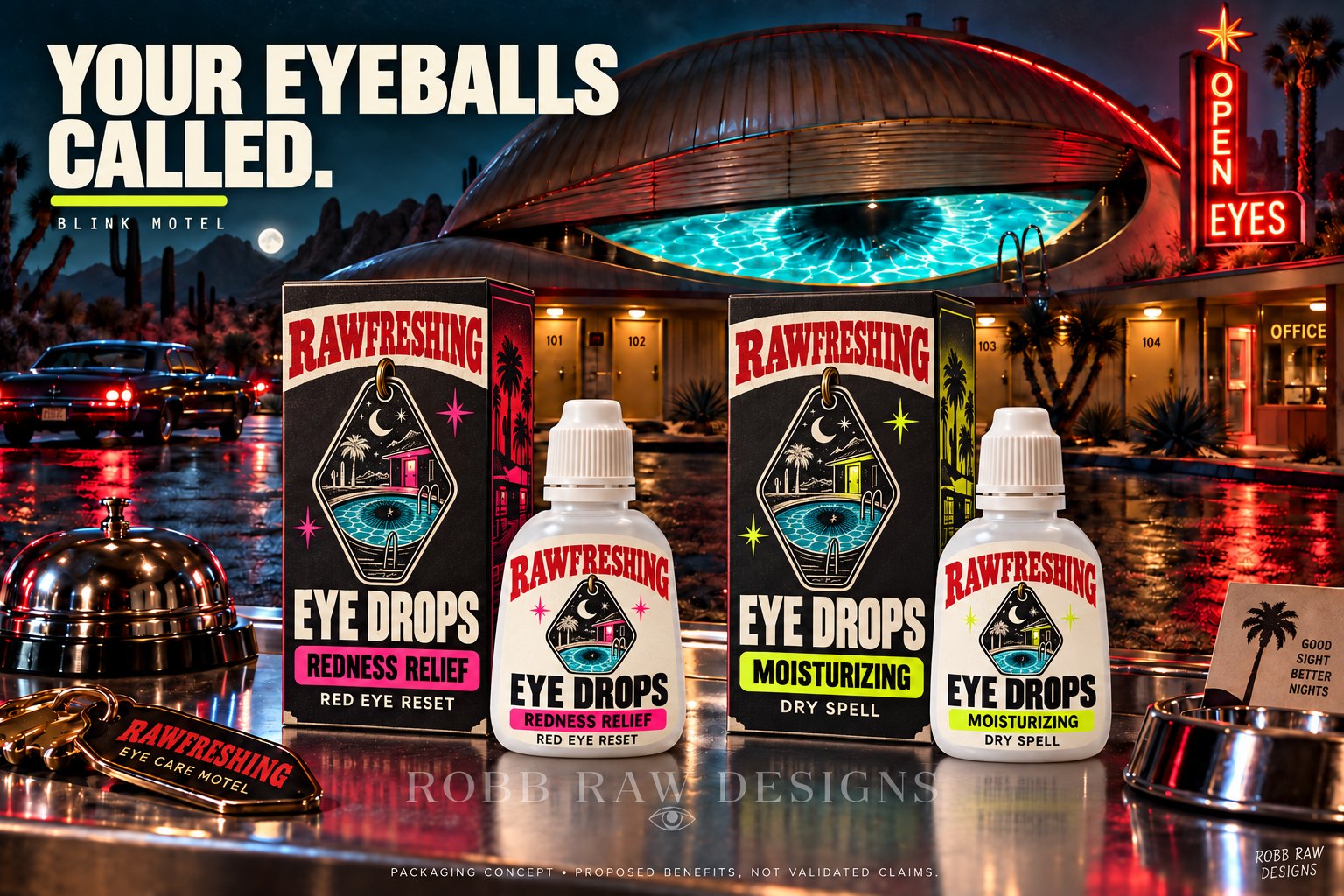 RAWFRESHING Midnight Blink Motel eye drop packaging concept, campaign format, by Robb Anders
