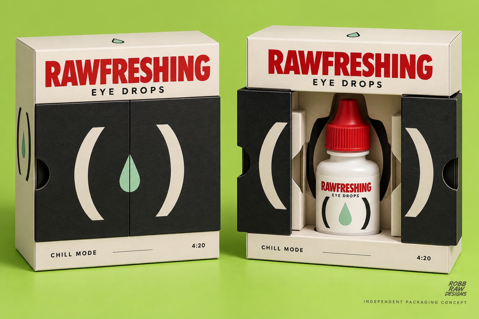 RAWFRESHING Chill Mode eye drop packaging concept, sliding shutter format, by Robb Anders