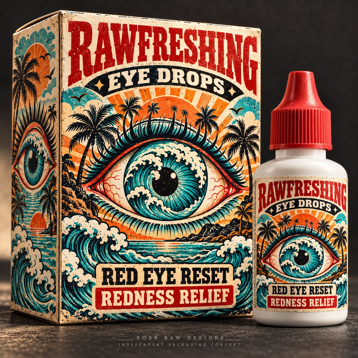 RAWFRESHING Red Eye Reset eye drop packaging concept, surf box format, by Robb Anders