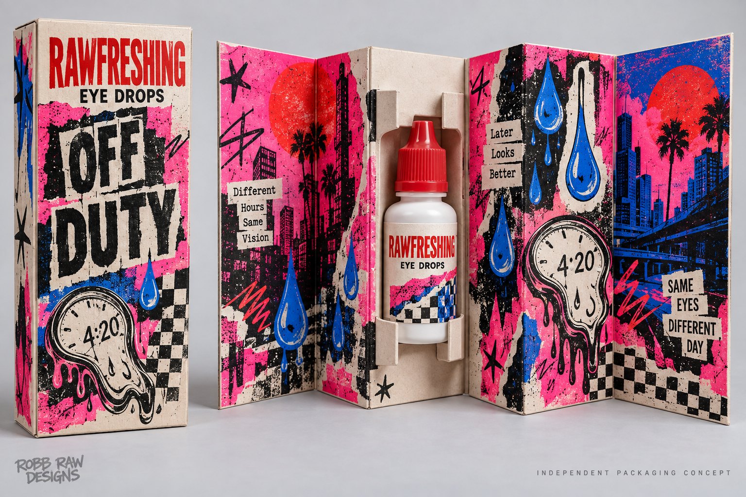 RAWFRESHING Off Duty eye drop packaging concept, accordion zine format, by Robb Anders